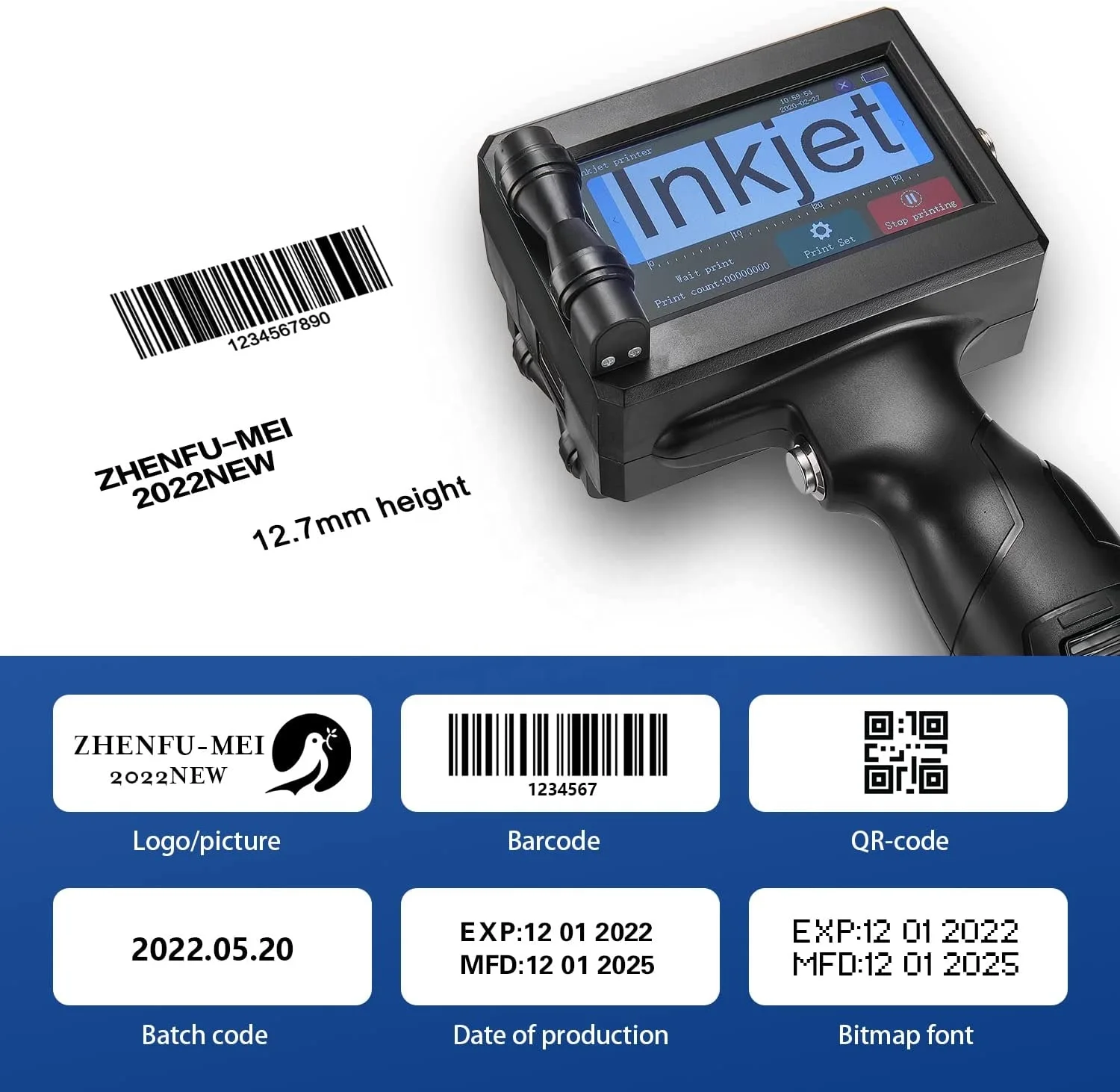 Handheld Batch Expiry Date Coding Inkjet Printer With Fast Drying Ink