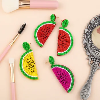 Handmade Bohemian Summer Colorful Seed Bead Fruit Dangle Earrings Color Beaded Watermelon Drop Earrings