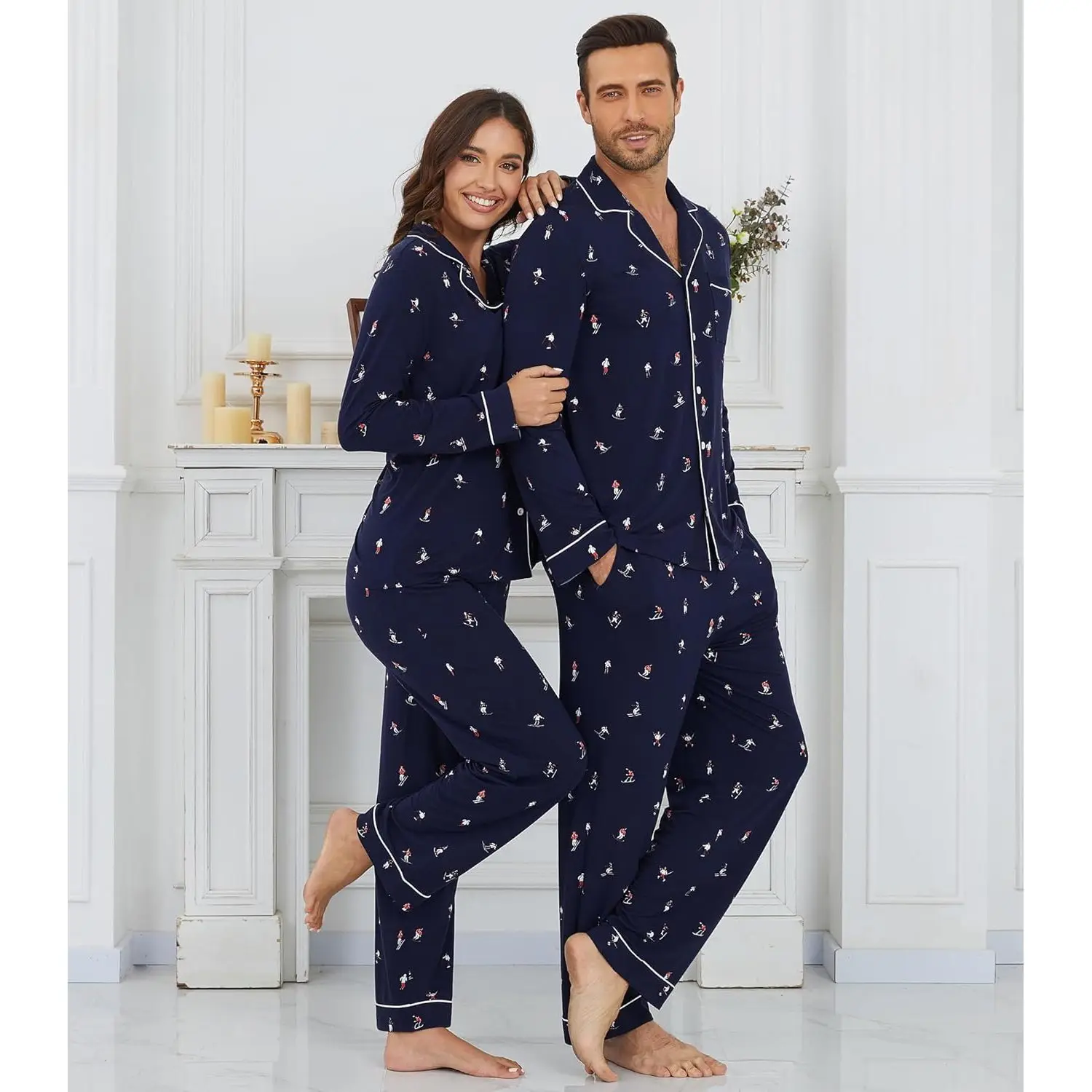 Wholesale Couples Pajamas Set Long Sleeve Sleepwear Bamboo Viscose Women Men Matching PJs Valentine's Pajama Loungewear Bulk