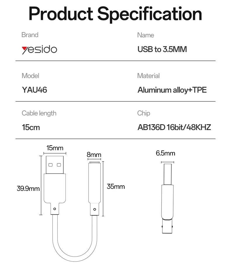 كابل صوت عالي الدقة من Yesido من سبائك الألومنيوم USB إلى من خلال أخذ عينات عالية 48 كيلو هرتز من الصوت YAU46