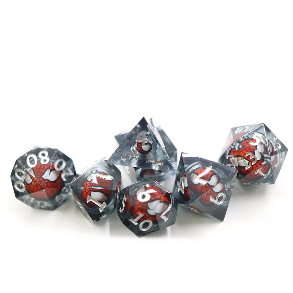 Conjunto de Jogo DND Yushun 7 Peças com Dados de Resina Vermelhos com Números Brancos e Tema Homem-Aranha
