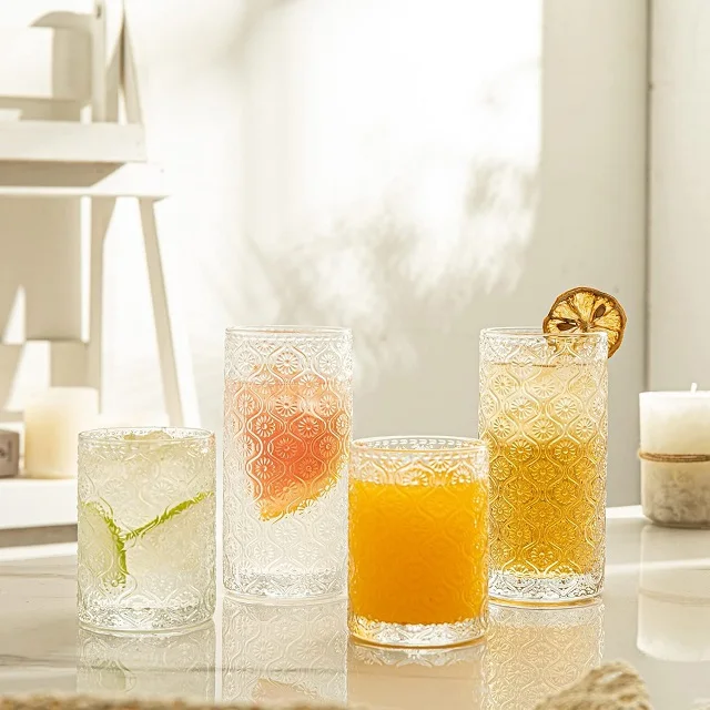 Kitchen Drinking Glasses with Embossed Style Vintage Ribbed Glassware for Iced Coffee Glass Tumbler 380ML
