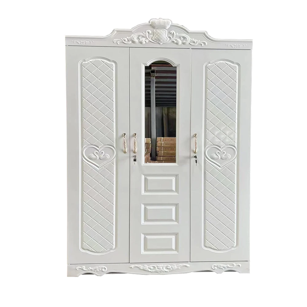 2025  Steel Imprint Pattern Almirah 3 Swing Door Metal Wardrobe Metal Cabinet Lemari Iron Printing Wardrobe With Mirror
