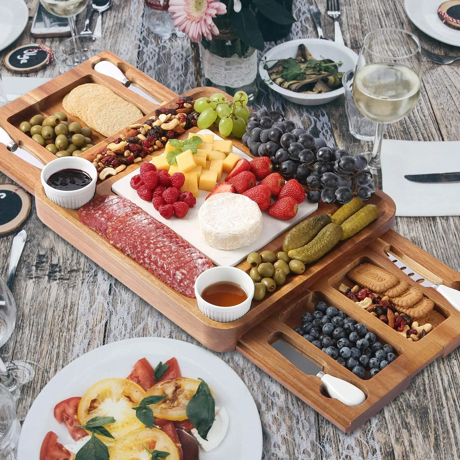Combohome Cheese Board and Knife Set Acacia Charcuterie Boards Platter Serving Tray with Double Side Marble Slab
