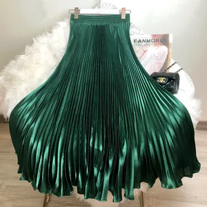 New Design Wholesale Summer Casual Anti-Static Solid Color High-end Satin Pleated Skirts for Women Natural Waist