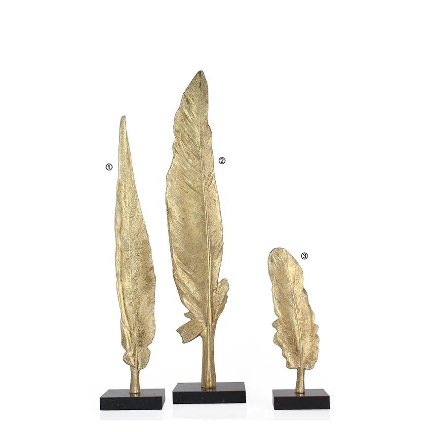 Esculptura de penas de resina de ouro feita à mão acessórios para casa decoração de três tamanhos luxo outra decoração para casa