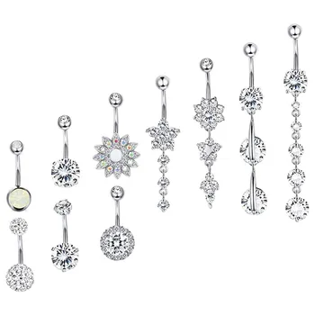 10Pcs/Set Crystal Zircon Ring Navel Pendant 14G 316L Stainless Steel Belly Rings Button Free Sample For Women Girls