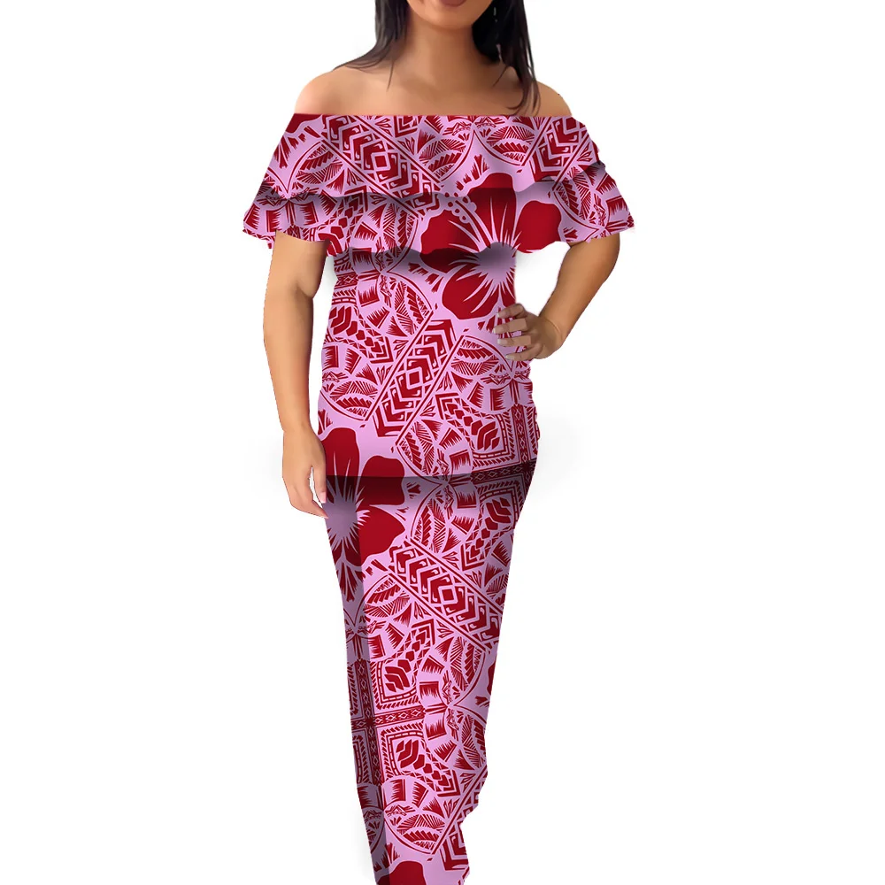 Samoan Puletasi Dresses Women Ladies Summer Polynesian Tribal Samoa Off Shoulder Ruffles Short