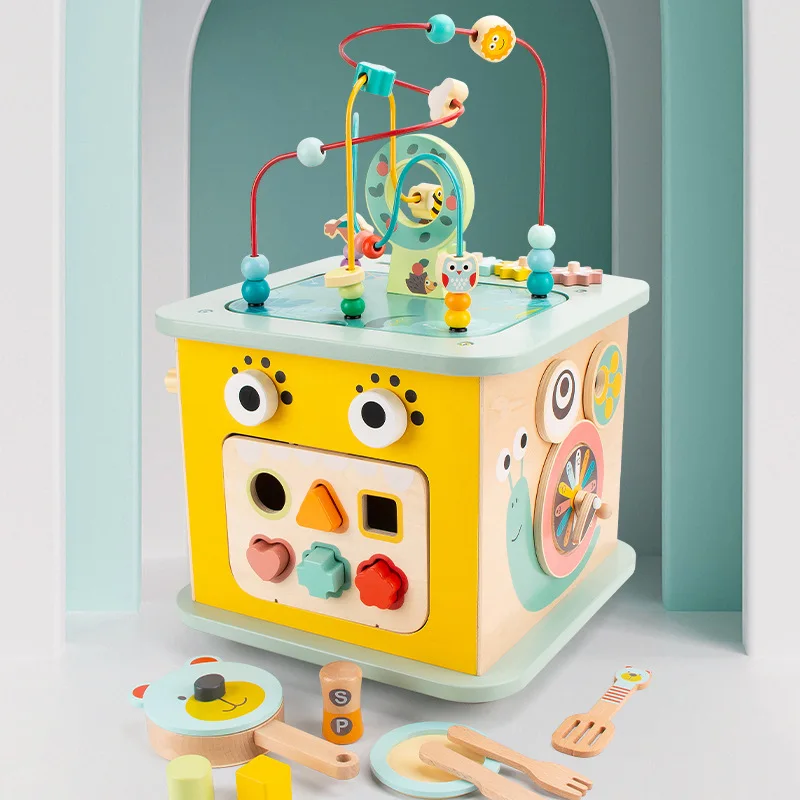 Early Education 7 in 1 Multifunctional Wooden Baby Playing House Cute Maze Game Box Children Matching Blocks Activity Cube