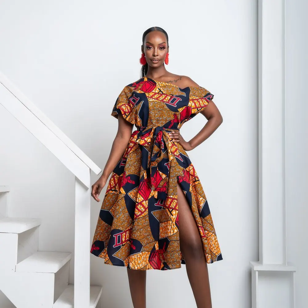 Robe mi-longue en coton à imprimé africain pour femmes