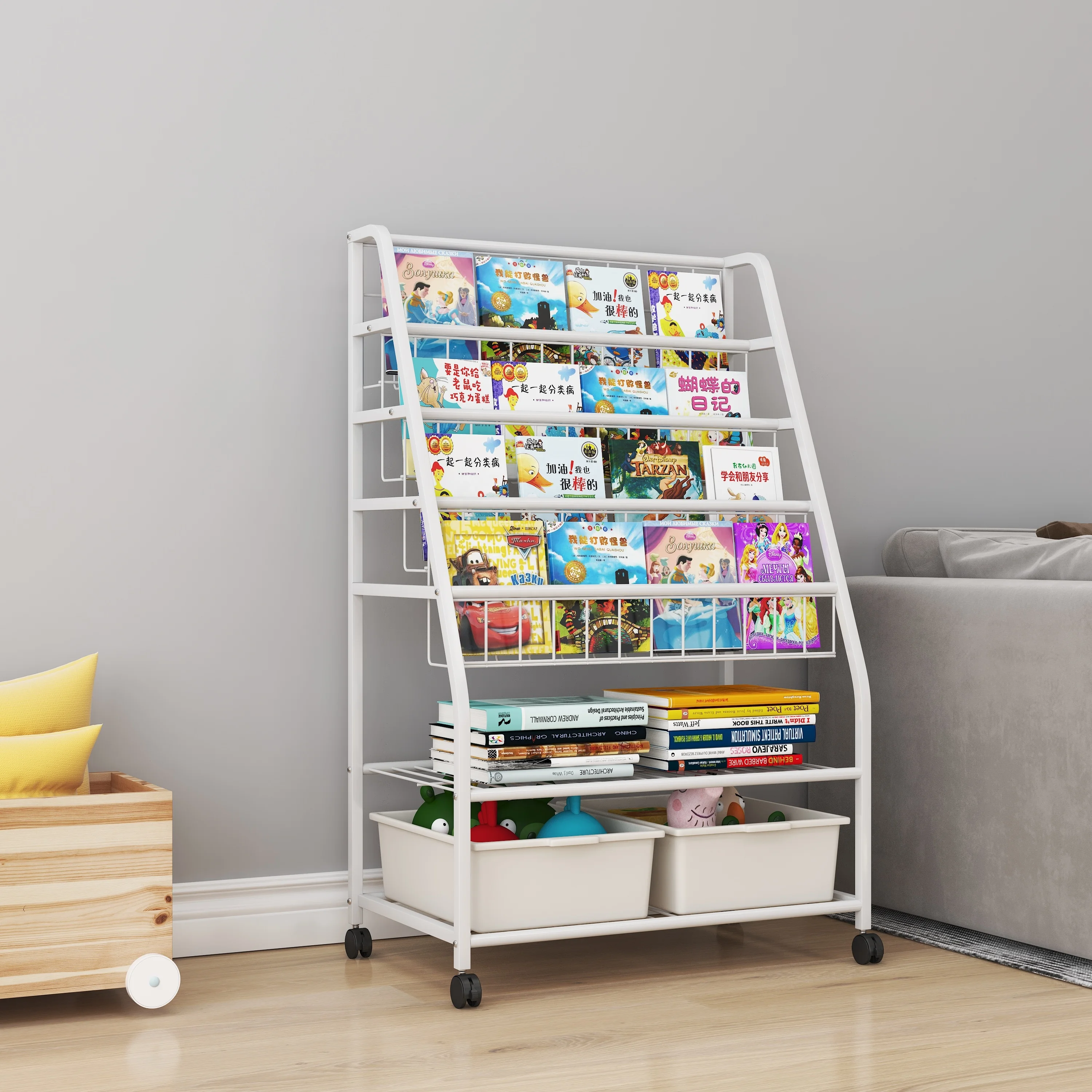 Modern Vintage Steel Frame Display Bookcase Metal Book Shelf Kids Storage Book Rack Shelves Children Toy Storage Rolling Cart