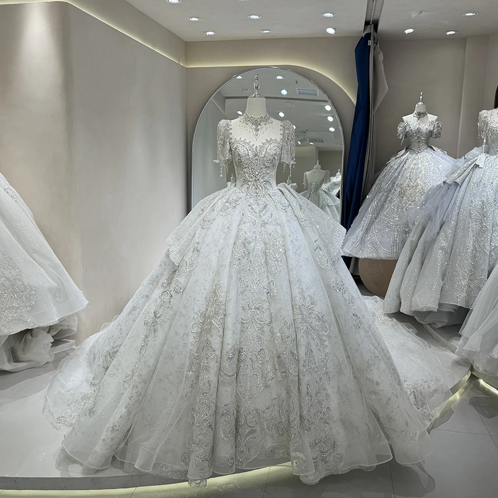 Vestido De novia De Princesa, cuello redondo, corte brillante, tren, Sexy,  manga corta, borla, Vestido De novia De talla grande, Vestido De novia sin  - Main Image