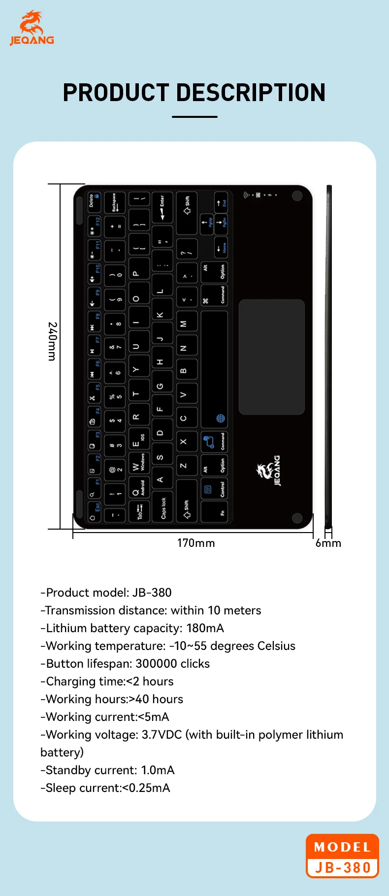 JEQANG JB-380 BT Keyboard with Touchpad Type C Charging Compatible with 3 Systems New Laptop Keyboard