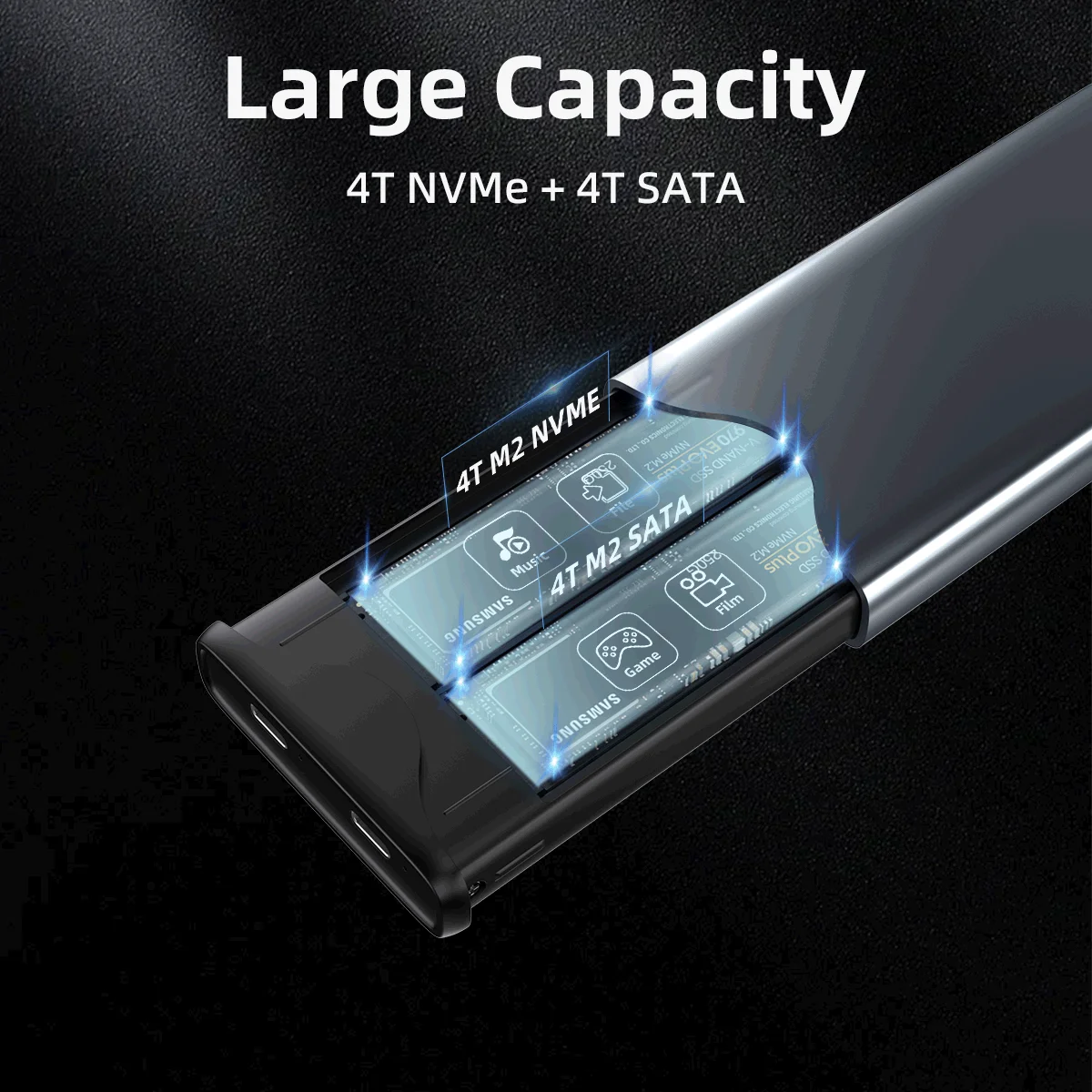 Dual Bay SSD Case for M.2 NVME PCIe NGFF SATA Dual Protocol Type C 10Gbps M2 SSD External Solid State Enclosure Hard Disk Box