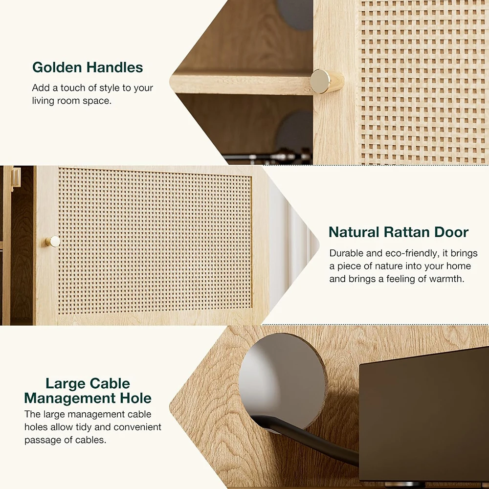 Modern Media Console for TVs up to 65'' Entertainment Center with Rattan Door 2 MDF Cabinets for Living Room Bedroom factory