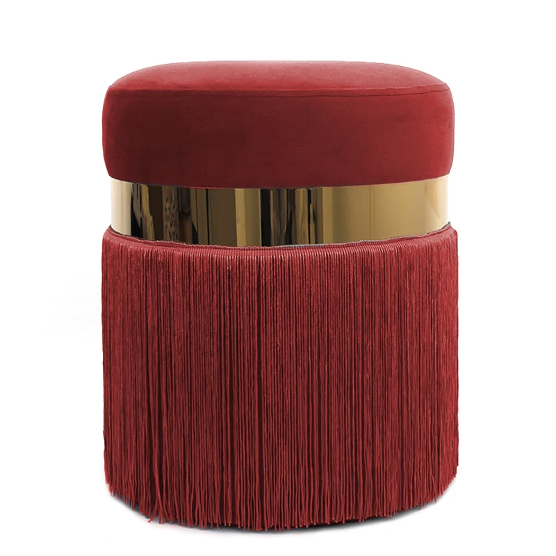 High Quality Living Room Furniture Velvet Designer Round Gold Ottomans Modern Pouf Cushion Stool with Tassels