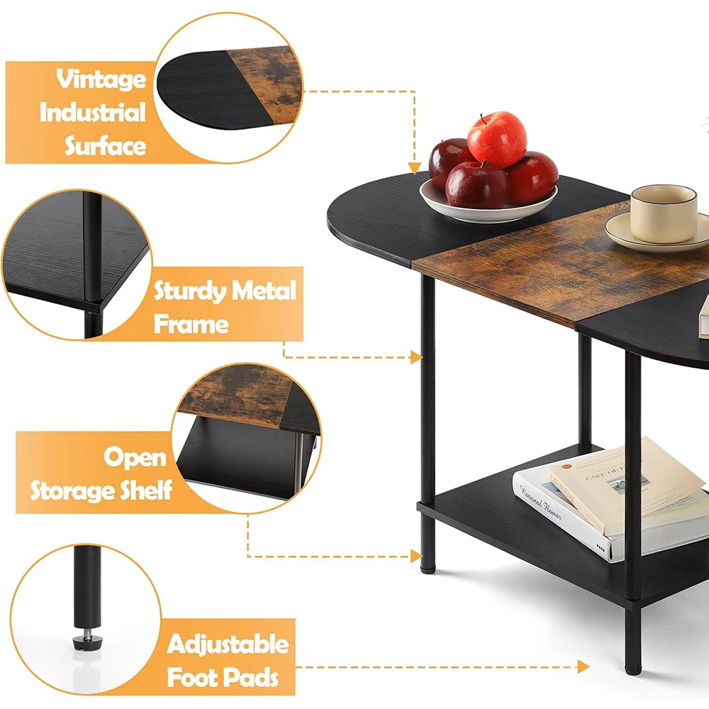 product nu deco 2 tier small oval coffee table storage shelf industrial modern style wood tabletop metal frame for living room home-1