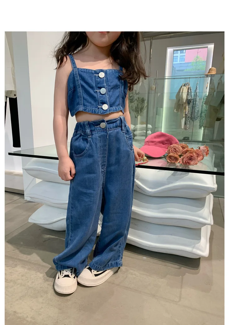 Kids Boutique 2 pcs Fancy Girls Kids Summer Suspender Denim Top Pleated  Loose Pants Children Clothes Outfits Set| Alibaba.com