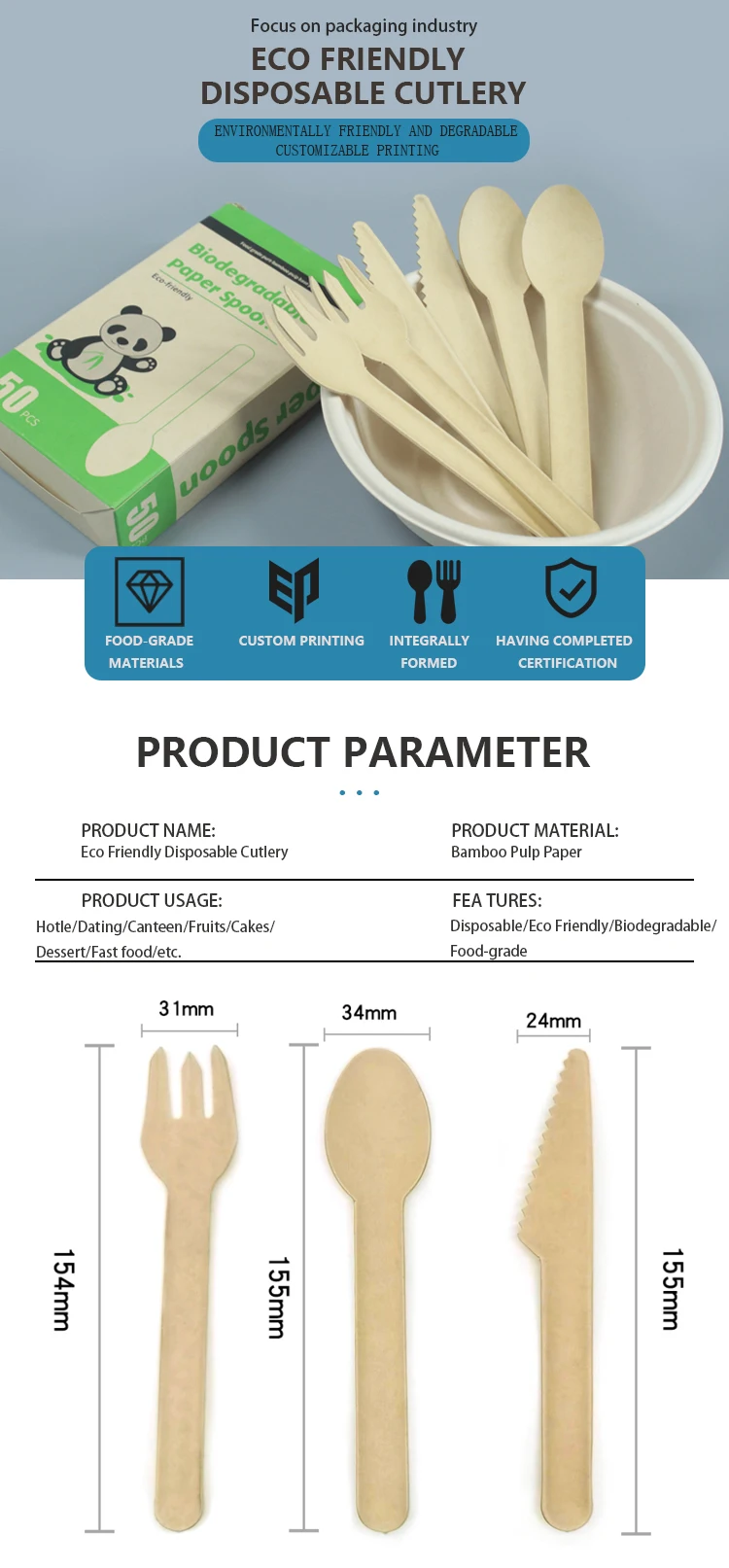 Disposable Bamboo Paper Cutlery Set Biodegradable Compostable
