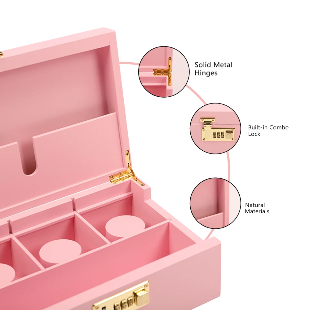 pink Customize LOGO Smoking case Accessories Nature Bamboo Wooden Smoking Herb Stash Box with Jars Lock Combo Kit