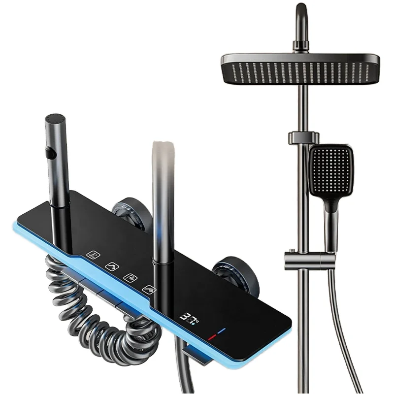 Smart New Digital Single Handle Bathroom Shower System Wall-Mounted Rain Piano Thermostat Brushed Finish Massage Pause Hotels