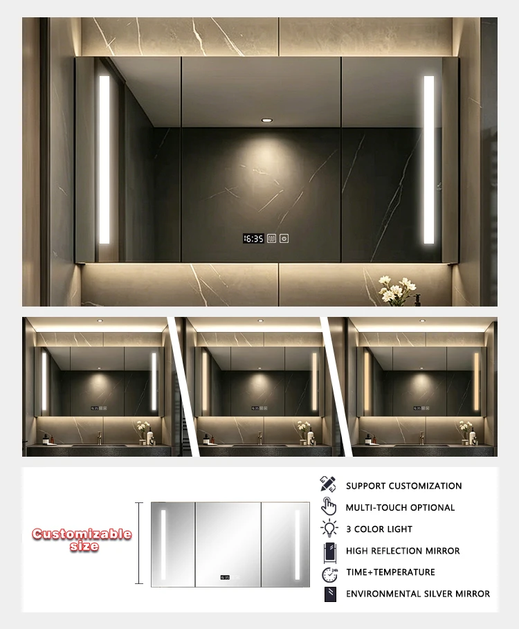 product high quality modern wall mounted bathroom cabinet led mirror medecine cabinet bathroom storage cabinet with 3 doors for hotel-4