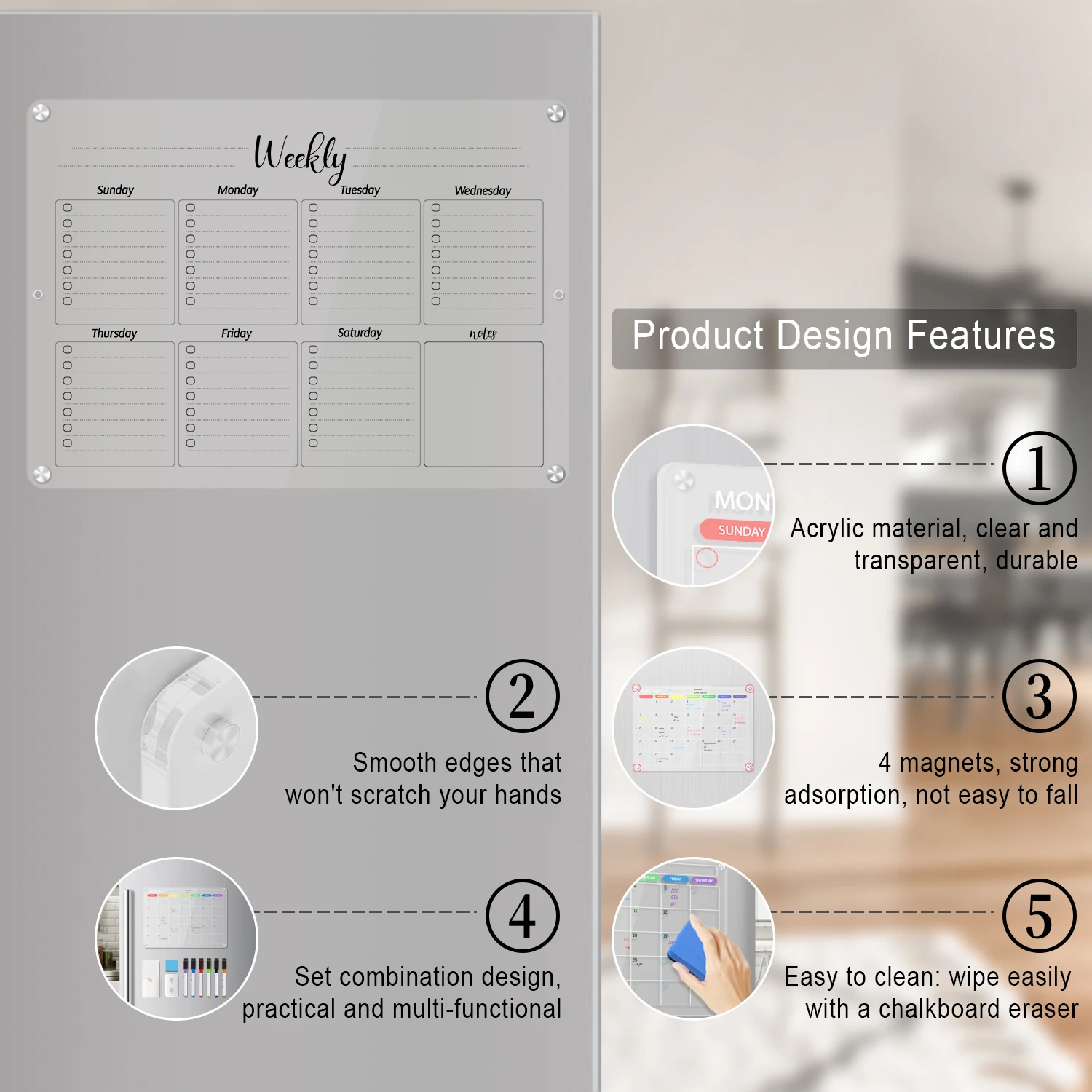 2 Set Acrylic Magnetic Dry Erase Fridge Calendar for Clear Weekly Planner Board Reusable With Markers Holder Eraser