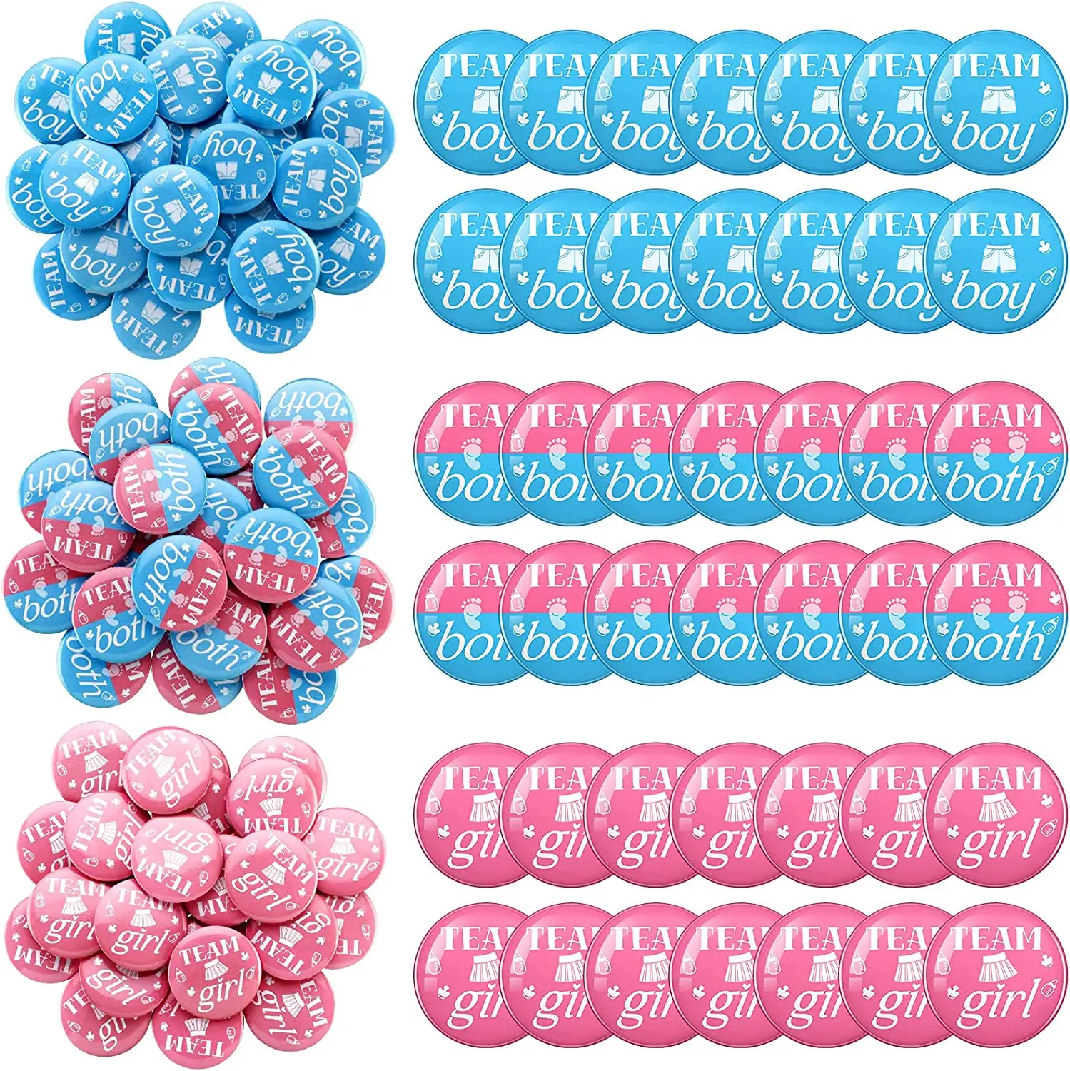 Gender Reveal Buttons 30 Stück - Team Boy & Girl, 4,3cm, Für Baby Shower Party