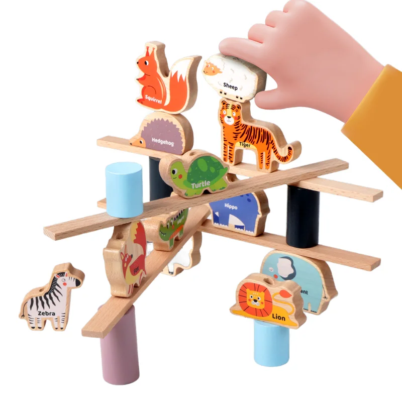 Unisex Montessori Educational Wooden Lacing Beads Toys for Toddlers 3 4 5 Years Old DIY Animal Stacking Blocks Balance Game Kids