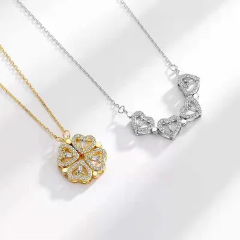 Factory Wholesale HotSelling Foldable Magnetic Heart Shaped Four Leaf Clover Necklace Gold Plated Jewelry Fine Jewelry Necklaces