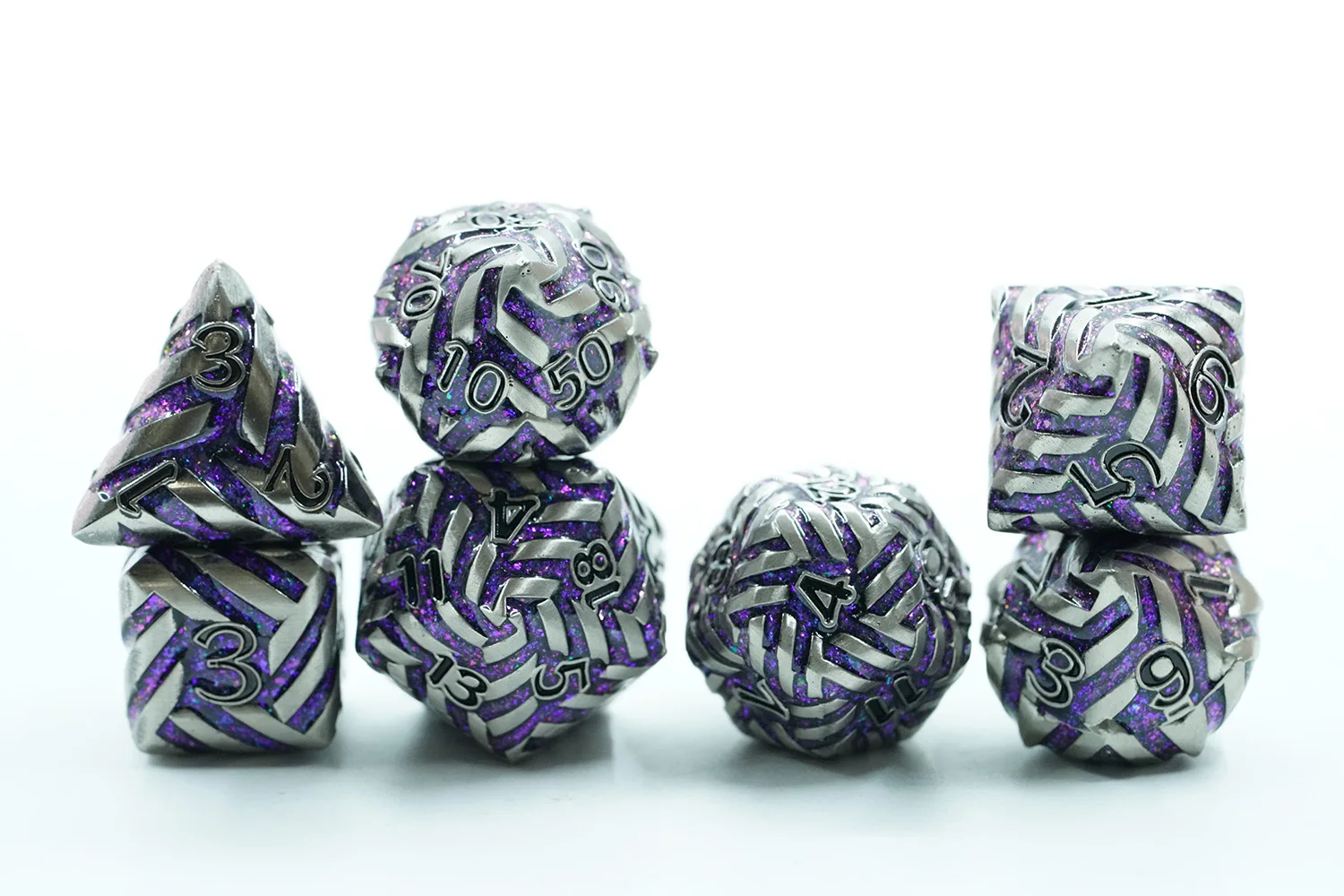 7pcs Polyhedral Metal Dice Set for DND Games Zinc Alloy with Purple Sparkling Mica Stripe and Black Number details