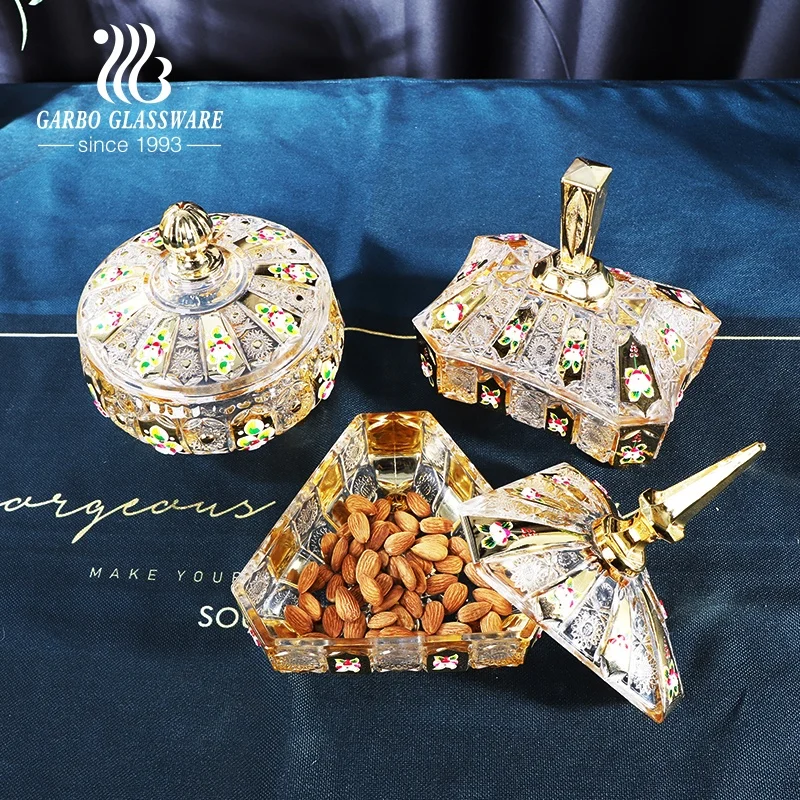 高級キャンディーポット形状ウェディングガラスポットゴールデンガラス