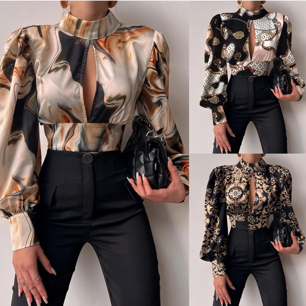 Luxury Backless Tie on Back Stand Collar Full Sleeves Slit Sex Blouse Shirt for Women