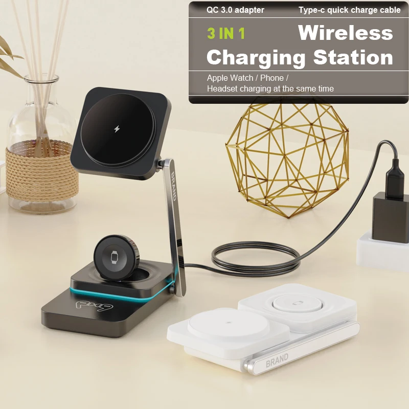 Trending 15W 3-in-1 Magnetic Folding for Qi Wireless Charging Station Mobile Phone Charger Holder for Headphone Watch