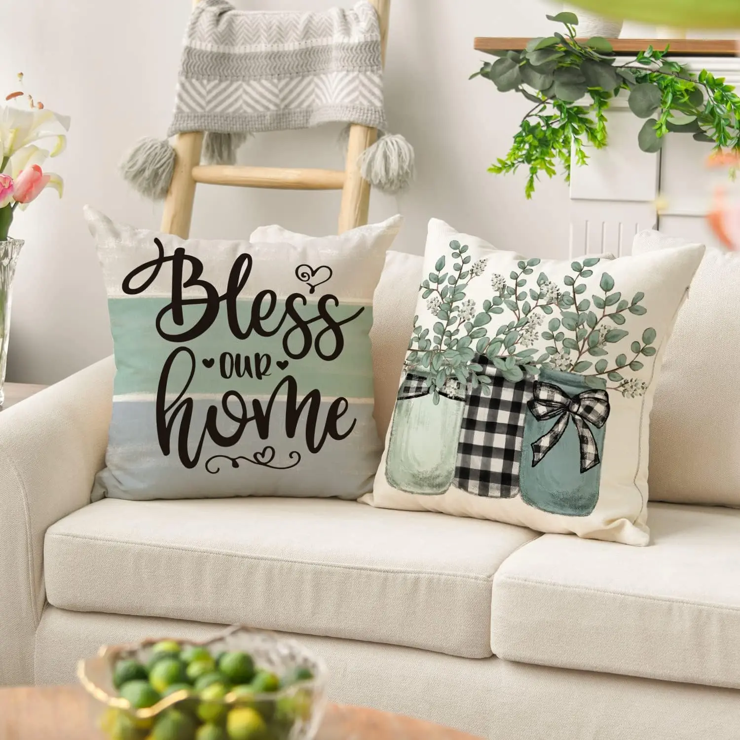 Wholesale Printed 4 Pcs Autumn Sweet Home Eucalyptus Lamb Ear Wreath Cushion Pillow Cover, 18 * 18 Inches Throw Pillow Covers