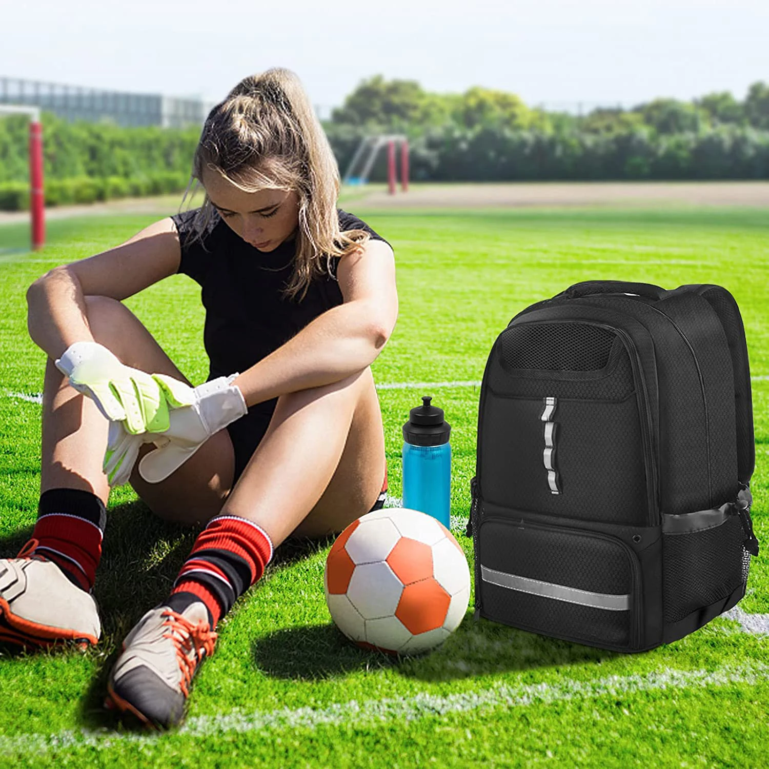 Sports Soccer Basketball Volleyball Football Backpack Ball Compartment USB Port Anti-Theft Zipper Closure Polyester Material