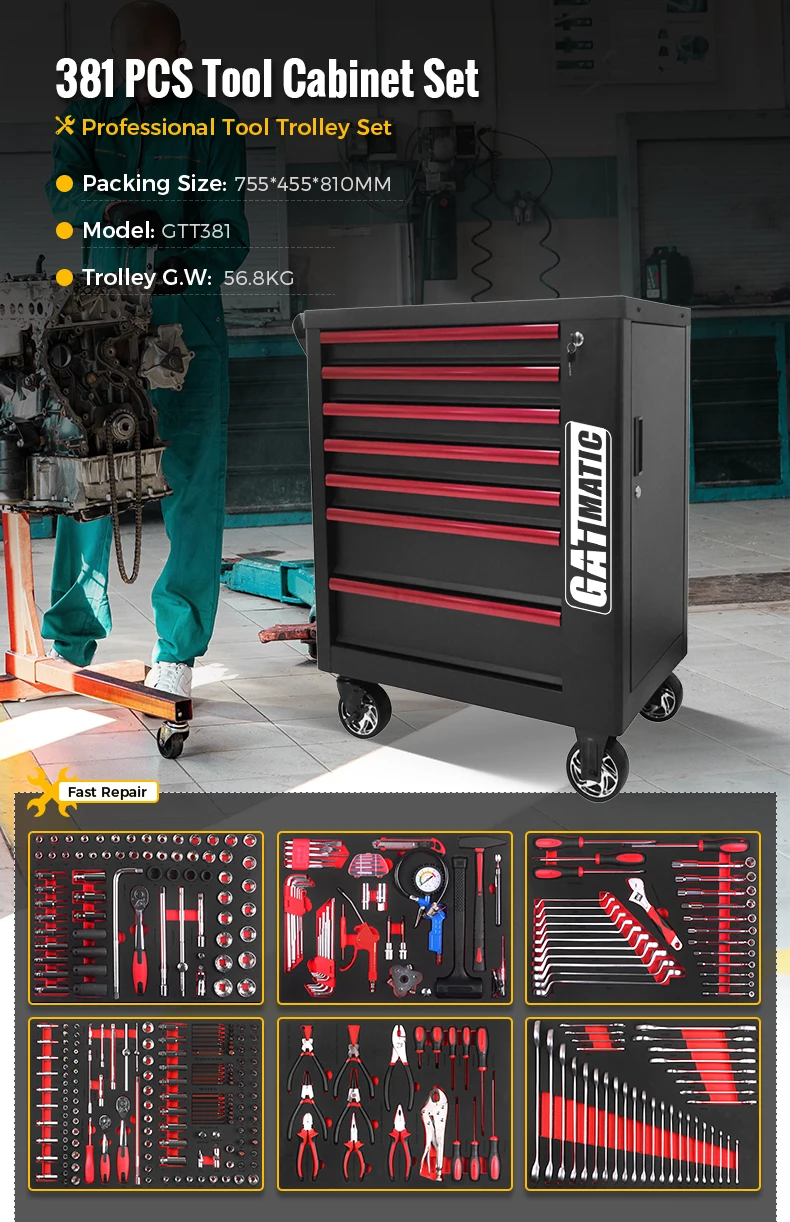 GATmatic Auto Lockable Stainless Steel Metal Rolling Tool Cabinet CE Certified 4-Wheel Workshop Trolley Customizable OEM Tool