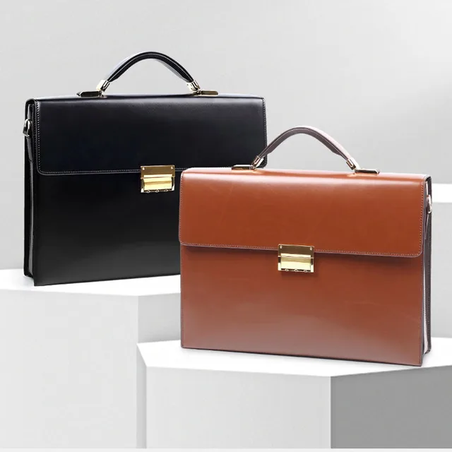 Men's Genuine Leather Briefcase with Combination Lock - Business Handheld Office Bag for Laptop & Official Use