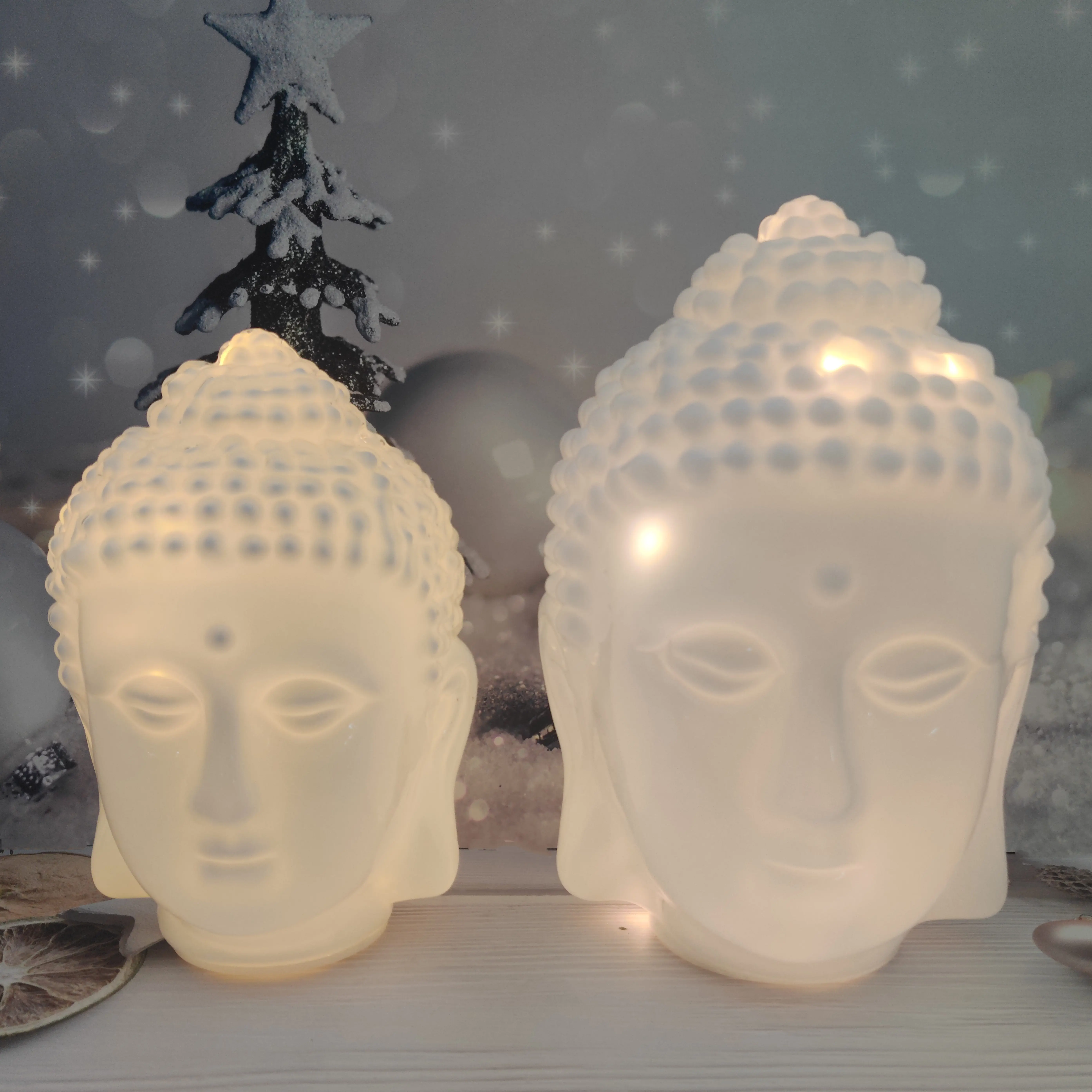 Battery Powered Led Lighted up White Glass Buddha Head Sculpture Ornaments Home Decorative Accessories