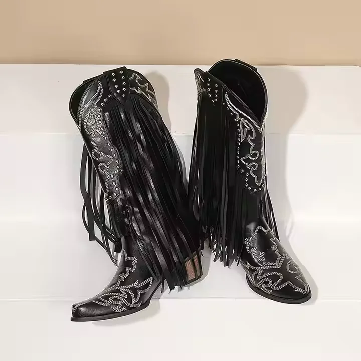 Ladies Cowboy Horse Riding Boots V Month 5cm Block Heel Women Knee High Western Boots With Fringes - Image 1