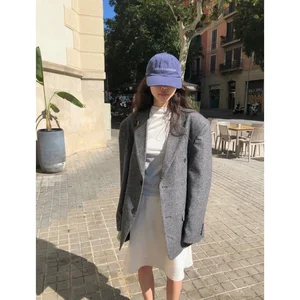 Now 2026 Autumn New Korean Dongdaemun Baby Sauce Vintage Profile Gray Woven Wool/Silk Blazer
