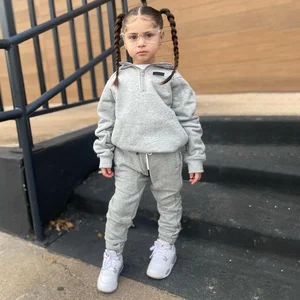 High Quality Solid Causal Fashion Custom Two Piece Set Half Zipper Sweatshirt Sweatpants Autumn Little Girl Clothes