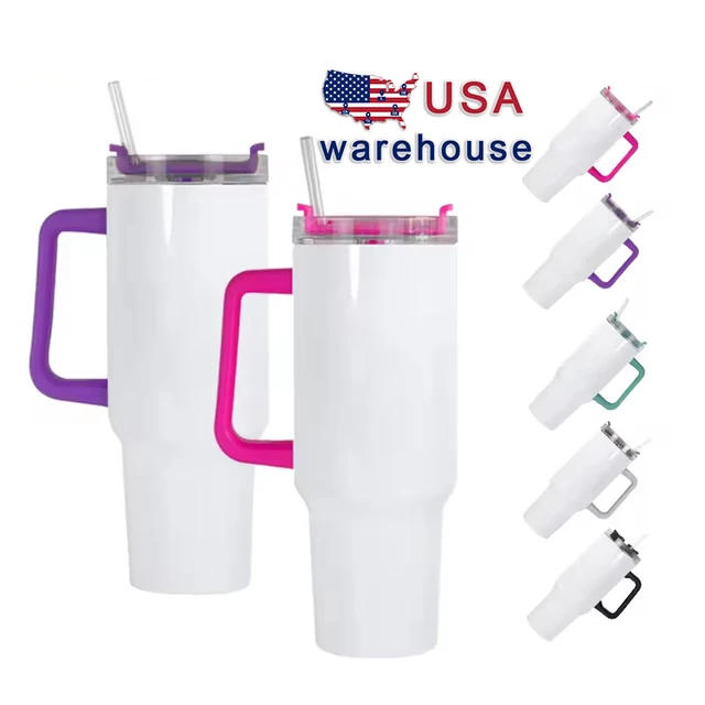 USA warehouse ship 40oz Sublimation white glossy tumbler colorful handle 20pcs/case