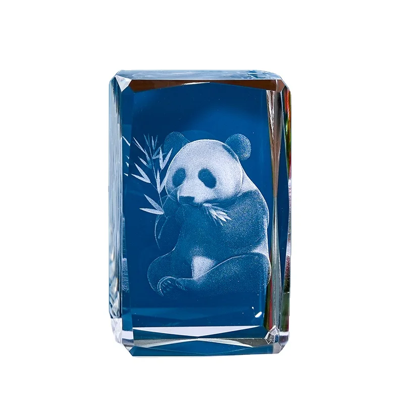 3D Laser Panda Souvenir Factory Wholesale Custom 3D Engraving Design Crystal Cubes With Wood LED Base