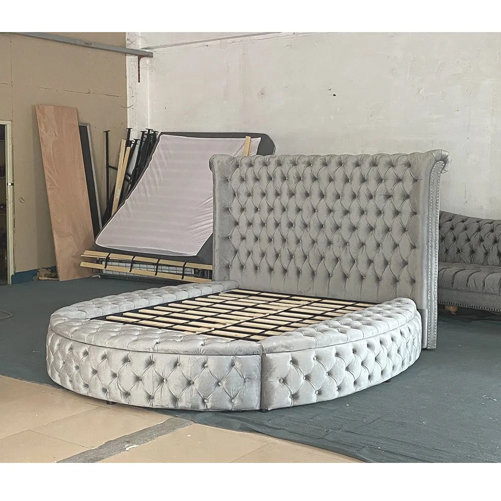 Upholstered Hotel Wooden Bed Modern Storage Queen Size Round Bed Frame