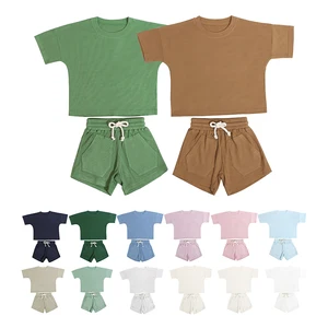 2023 Private Label Children Clothes Summer Crew Neck Bamboo Waffle Material Children Clothing Set