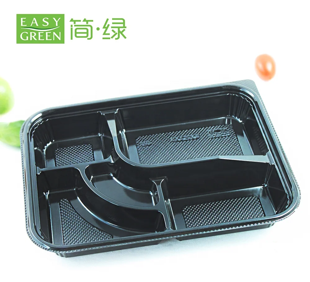 Plastic Disposable Lunch Box with 5 Compartment Black Color Takeaway Bento Box with clear Lid