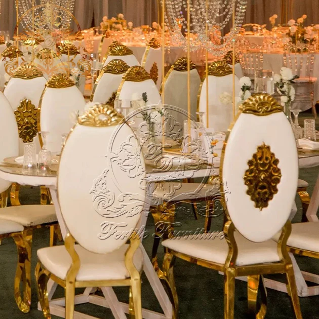 King Throne Аренда белого цвета из искусственной кожи золотого цвета из нержавеющей стали обеденный стул для свадебного банкета