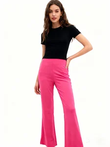 Women's Grey Wide Leg Pants Mid Elastic Waist Knitted Slim Casual Autumn Plain Dyed Soft Ankle-Length Trousers