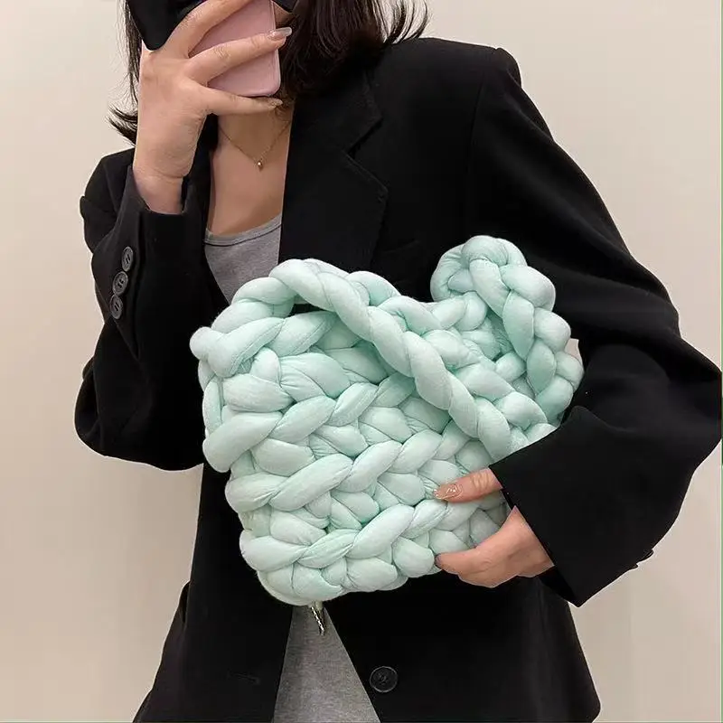 Korean INS Style Handmade Winter Solid Color Knitted Purse Yarn Material Soft Woven Crochet Shoulder Bag